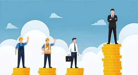 Illustrating career progression and financial success with diverse workers climbing stacks of gold coins against a bright blue sky with clouds.