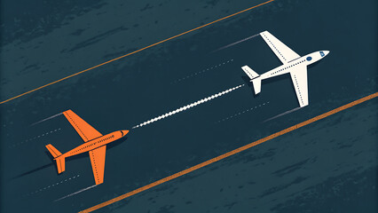 Two n opposite directions on a dark textured background,  contrast and strategic divergence. Minimalist aviation illustration showing movement and decision paths. Ideal