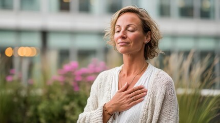 Businesswoman practicing breathwork in urban garden terrace