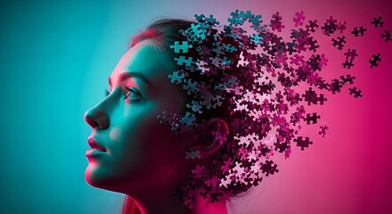 Captivating portrait of a woman's profile with puzzle pieces dissipating from her head, symbolizing thought and creativity in vibrant neon light.