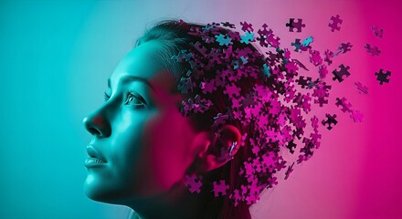 Abstract concept of fragmented thoughts and ideas dissolving from a woman's mind, visualized with puzzle pieces in vibrant neon light