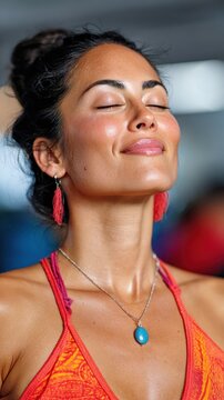A woman in an orange top is relaxing with her eyes closed. She is wearing jewelry and appears to be at the Gym, catching her breath after a workout