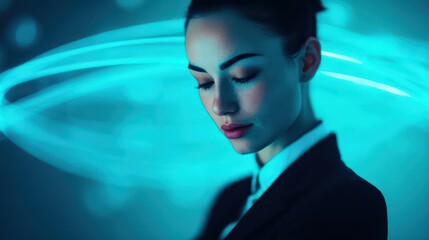 Serene woman in formal wear surrounded by glowing energy lines