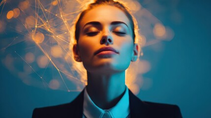 Serene woman in formal wear surrounded by glowing energy lines