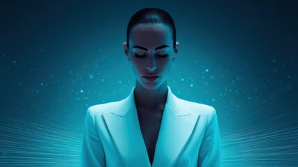 Serene woman in formal wear surrounded by glowing energy lines