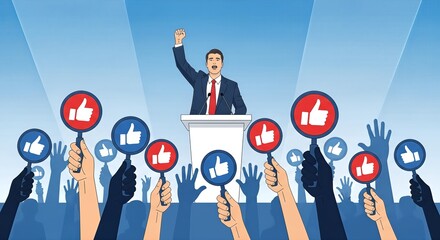 Dynamic politician rallies enthusiastic crowd with positive feedback, celebrating a triumphant moment with widespread approval and support.