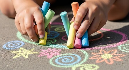 Child draws colorful flowers with sidewalk chalk