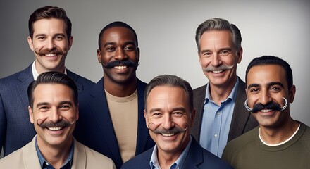 Distinguished gentlemen sporting handlebar mustaches smile for the camera