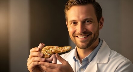 Doctor examines pancreatic model with a smile