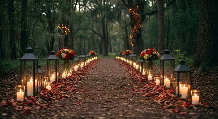 Enchanted woodland path illuminated by candlelight