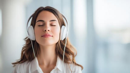 Young professional woman with eyes closed, headphones on, meditating
