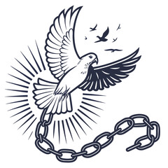 Dove breaking free from chains, , symbolizing freedom, hope, and liberation, with a radiant light behind it, representing a new beginning and peace