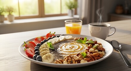 Nutritious breakfast plate beside steaming coffee