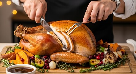 Sliced roasted turkey feast garnished abundantly