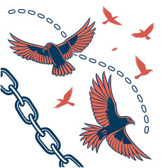 A vibrant illustration depicting the pursuit of freedom, showcasing birds in flight escaping from broken chains, symbolizing liberation and the breaking of barriers