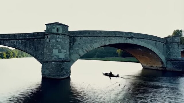 peaceful rowing moment, serene solitary rower under arch in twilight, quiet countryside scene with lone boat in warm evening light, solitary rower navigates beneath ancient bridge as sun