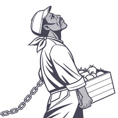 Illustration of a black slave worker carrying a crate of crops and a chain around his neck, symbol of slavery and racism