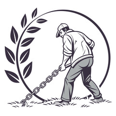 Illustration of a man breaking free from chains, symbolizing overcoming obstacles and achieving freedom, set against a backdrop of growth and triumph