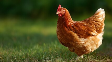 Fototapeta premium Brown domestic fowl stands prominently on green grass with a blurred natural background