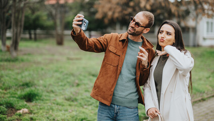 Fototapeta premium A happy couple takes a selfie together outdoors, sharing playful moments and enjoying nature.
