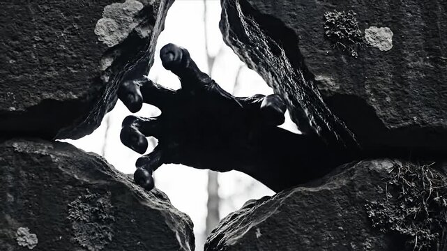 Mysterious Dark Hand Emerging from Stone Crack Creepy Creature Reaching from Shadows in a Suspenseful Horror Thriller Scene Footage
