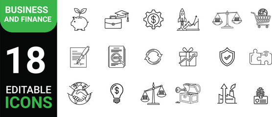 Collection of 18 editable business and finance line art icons for digital use