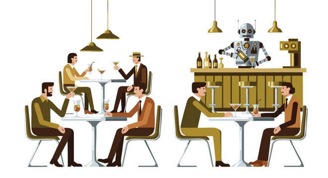 An illustration depicts a stylish bar scene where patrons enjoy cocktails, while a futuristic robot bartender serves drinks, blending human interaction with advanced technology.