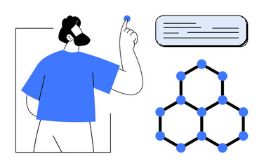 Bearded man pointing at data interface beside a molecular structure. Ideal for innovation, science, research, technology, data analysis, education, creative thinking. Simple flat metaphor