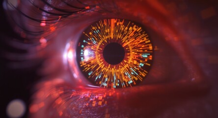 Human eye close-up, overlaid with vibrant, digital data streams and glowing colors