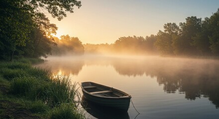 Peaceful Sunrise Over Misty Lake with Rowboat and Calm Water