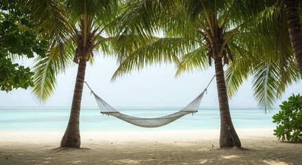 Tranquil Beach Hammock Between Palm Trees on Tropical Island Shore