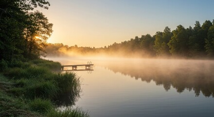 Tranquil Sunrise over Misty Lake with Dock and Lush Greenery