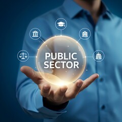 Hand Presenting a Glowing Digital Sphere, Symbolizing the Diverse Public Sector, with Interconnected Icons Representing Government, Education, and Justice Services