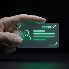 Human Hand Holding a Futuristic Transparent Digital Id Card, Displaying verified Status with a Glowing Green Checkmark, Symbolizing Secure Identity Authentication