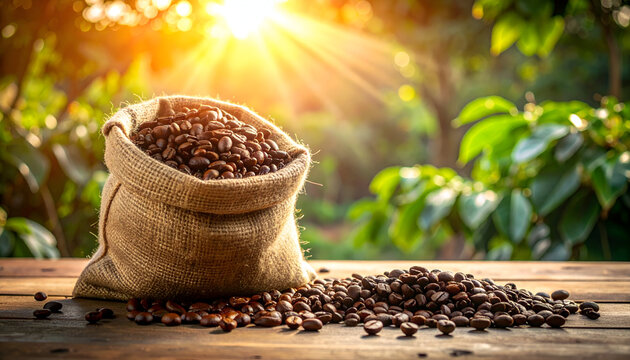 Burlap sack filled with roasted coffee beans spilling out on a wooden table