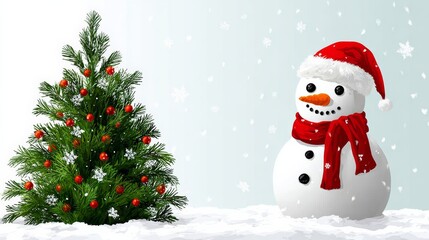 Festive winter scene featuring a cheerful snowman wearing a red scarf and Santa hat beside a decorated Christmas tree, surrounded by falling snowflakes creating a magical holiday atmosphere