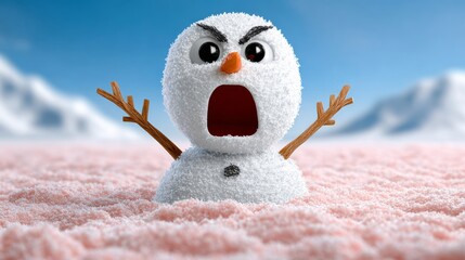 Snowman character with an expressive face, shouting in a snowy landscape, surrounded by pink salt, showcasing a whimsical winter scene with mountains in the background and vibrant colors