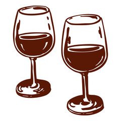 Hand drawn wine glasses in brown line art. Elegant vector illustration of two glasses with red wine. Minimal, rustic, and cozy design. Food, drink, or celebration graphic elements.