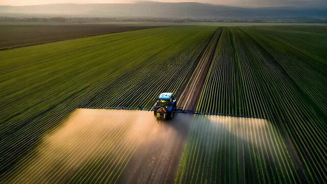 Tractor with a wide spray boom applying liquid fertilizer over parallel crop rows in a large field.