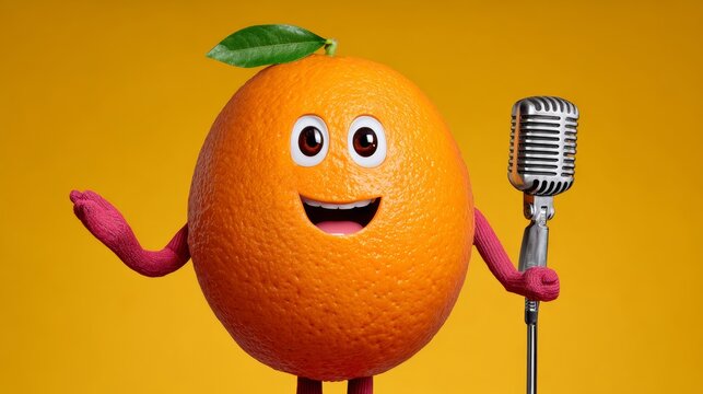 Cartoon orange character with a smiling face and arms, holding a vintage microphone, set against a vibrant yellow background, creating a cheerful and engaging atmosphere for creative projects
