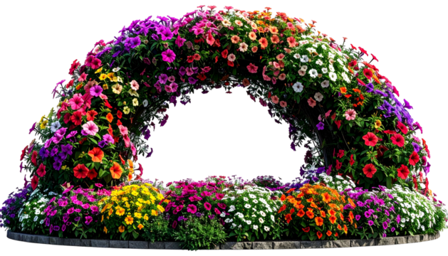 An arch of colorful, vibrant flowers over a garden bed, with various blossoms