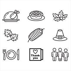 Collection of thanksgiving holiday icons featuring turkey pie leaves pilgrim hat and thank you card