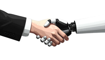 Human and robot hands shake, symbolizing collaboration on black background