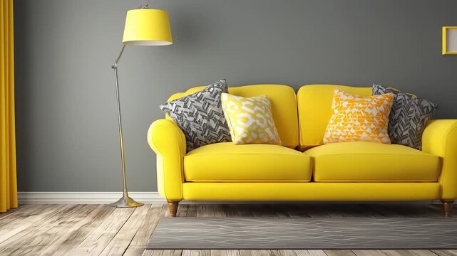 A vibrant yellow sofa sits in a stylishly decorated living room with grey walls and patterned cushions.