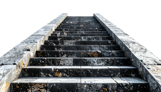 Stone staircase with aged appearance, leading upwards against a transparent background