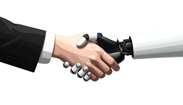 Human and robot hands shake, symbolizing collaboration on black background