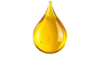 Photorealistic rendering of a single, shiny, amber-colored liquid droplet on black