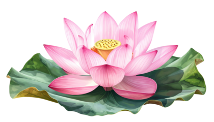 Delicate pink lotus blossom with yellow center rests on vibrant green leaf against black