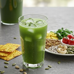 Refreshing green juice with ice served in a tall glass, accompanied by seeds, nuts, tomatoes, crackers, and leafy greens on stone surface.