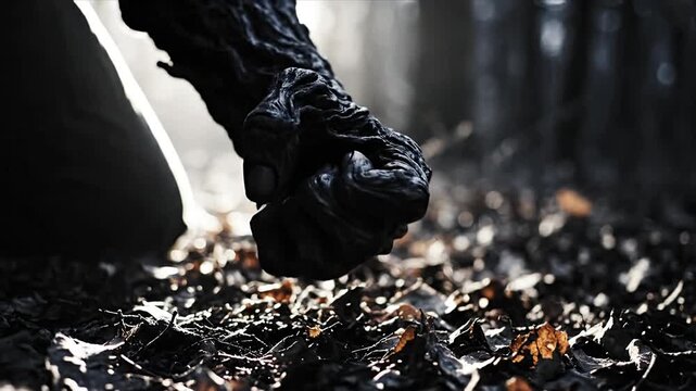 Gnarled monstrous hand reaching dark forest floor fallen leaves illuminated by dramatic sunlight mysterious eerie fantasy creature close-up scene